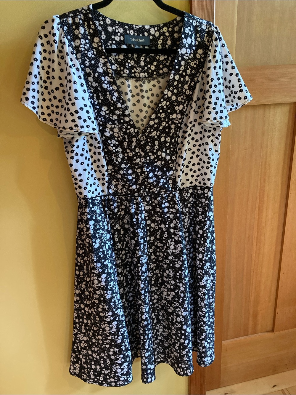 ModCloth Black & White Mixed Floral V-Neck Midi Dress